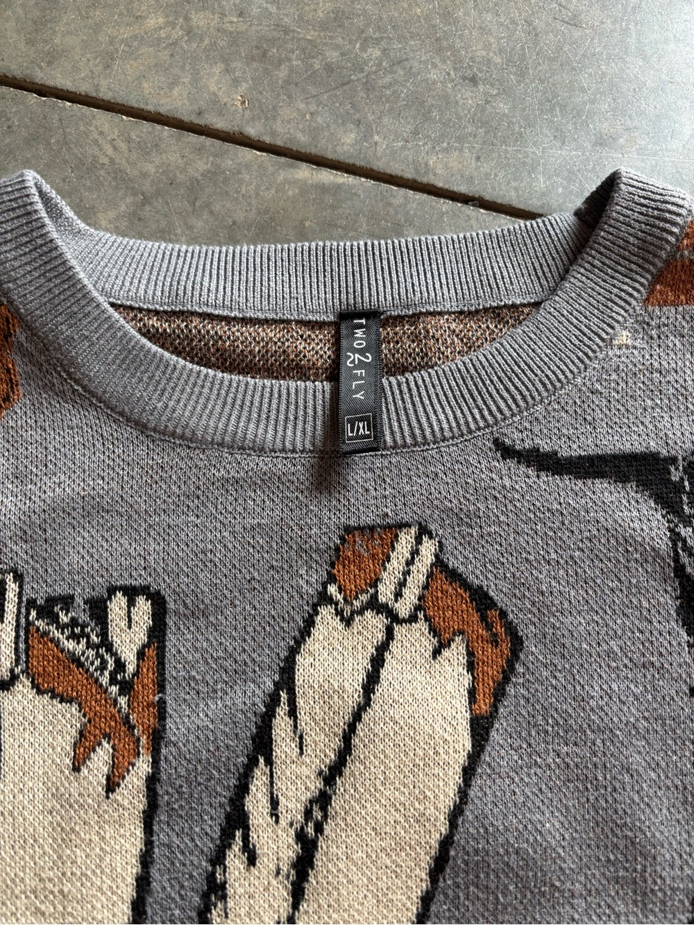 Women’s Grey Southwestern Boot & Rope Pattern Sweater Oversized - Picture 3 of 5